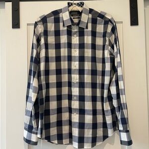 Men's Bugatchi Blue and White Checkered dress Shirt, Medium